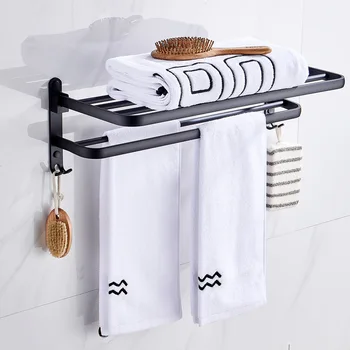 

Bathroom Towel Rack Matte Black Towel Holder Aluminum Wall Mounted Folding Towel Hanger Storage Shelf Hook Accessories