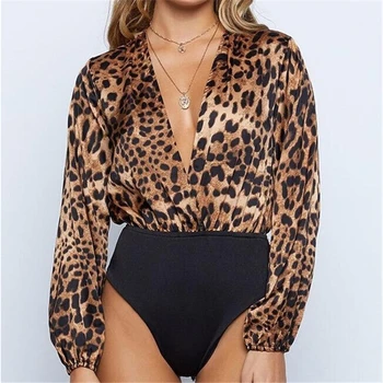 

Long sleeve Leopard Print Deep V Neck Women Fashion Bodysuit Jumpsuit