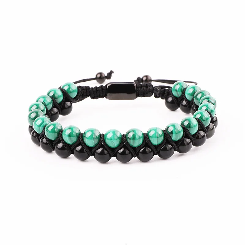 High Quality Double Layer Natural Stone Malachite&Black Agate Beads Woven Macrame Bracelet Jewelry For Men