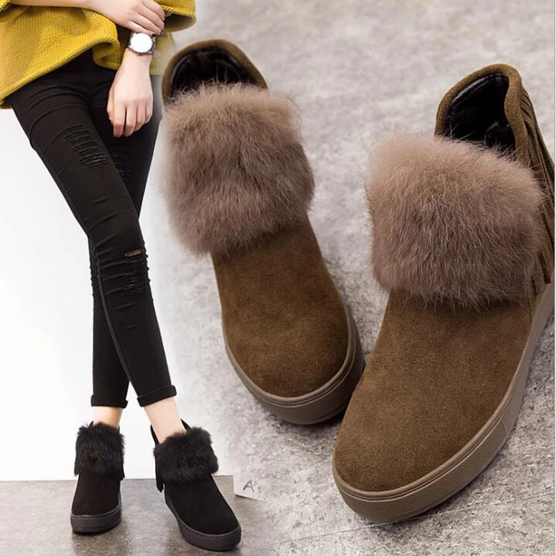 woman Tassel Plush Snow Boots Ankle Boots Winter Boots Shoes Women Genuine Leather Rabbit plush Short tube cotton shoes y195
