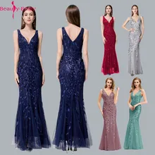 Beauty Emily модное серебряное Тюлевое вечернее платье с аппликацией, сексуальное вечернее платье с v-образным вырезом и рукавом на молнии сзади, Vestido