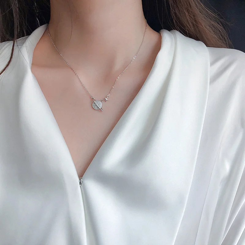 Корейская мода s925 серебряные ювелирные изделия космические звезды Планеты ожерелье цепь для женщин колье из горного хрусталя кулон звезда Женское Ожерелье