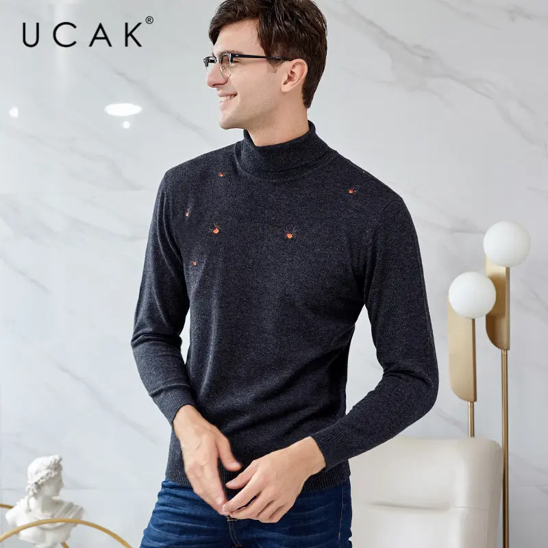 ^Cheap UCAK Brand Merino Wool Sweater Men Autumn Winter Warm Turtleneck Cashmere Pullover Men Streetwear Fashion Young Pull Homme U3049
