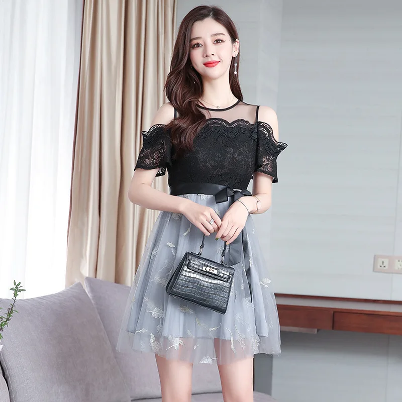 

2019 Summer Wear New Style France Non-mainstream off-Shoulder Lace Short Sleeve Mid-length Dress Women's Fashion