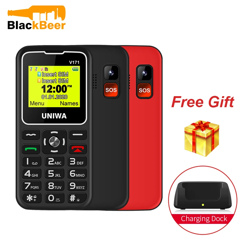 Uniwa V171 1.77 "2G Gms Feature Phone Wireless Fm Senior Cellulare 1000Mah Per Anziani Cellulare Dock Di Ricarica Gratuito Sos