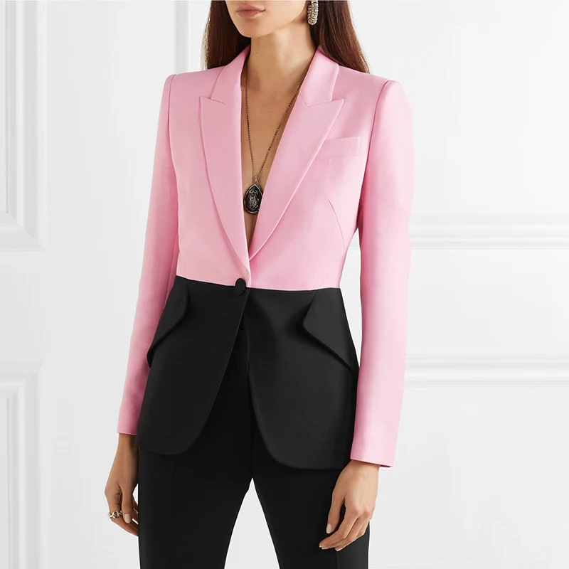 Розовый черный хит цвет плетеный блейзер для женщин Зубчатый воротник длинный рукав элегантные пальто женский 2019 Мода Новый