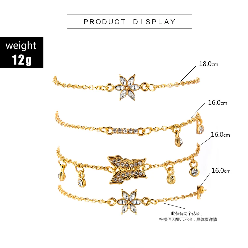 Tocona Wedding Gold Butterfly Flower Crystal Gem Multilayer Pendant Bracelet Ankle for Women Charm Party Foot Jewelry 8259