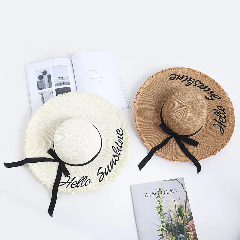 

2019 New Style Straw Hat Bow Embroidered Large-Brimmed Hat Dome Sun-resistant Beach Lettered Seaside College Style Straw Hat Wom