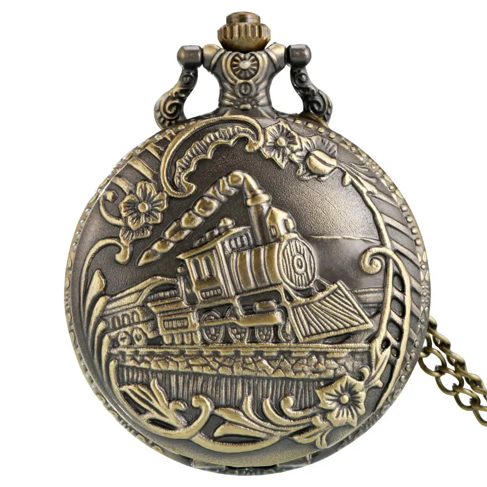 Bronze Train Front Engine Necklace Quartz Pocket Watch