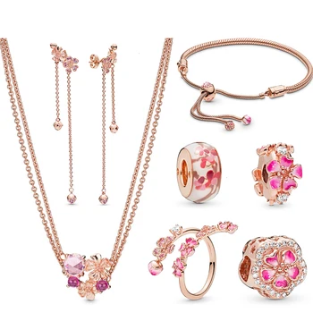 

2019 100% 925 silver sterling new romantic rose peach flower flower long ring fencing earrings frizzy bracelet charm