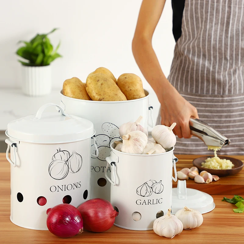  3 Pcs Storage Box Potatoes Onions Garlic Bin Kitchen Food Container White Buckets Breathable Metal  - 4000263043609