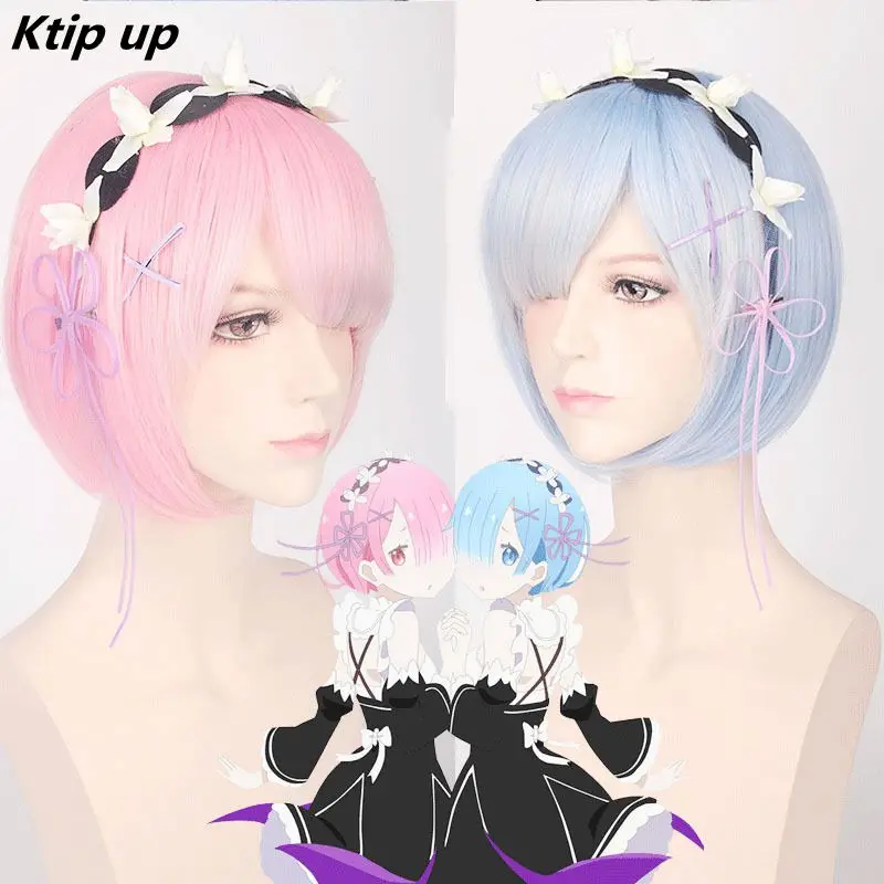 

Ktip Up Re:Life In A Different World From Zero Graduated Ram Rem Cosplay Wig for Women Short Straight Pink Blue Anime Wig