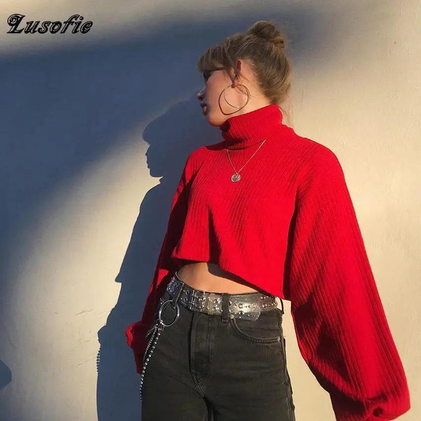 

Lusofie Autumn New Red Sweater Long Sleeve High Neck Open Navel Short Tops Solid Color Loose Leisure High Street Party Club