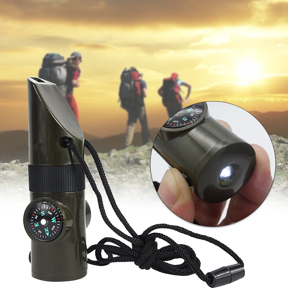 

2Pcs 7 In 1 Tool Survival Whistle Multifunctional Waterproof Reflector With Thermometer Camping Hiking Anti Lost Outdoor ABS Led