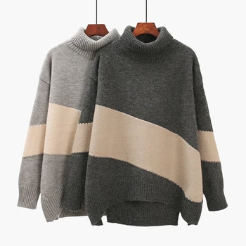 

Women Turtleneck Pullover 2020 Winter Fashion Long Sleeve Color Patchwork Knitted Sweater Female Casual Thicken Warm Jumpers