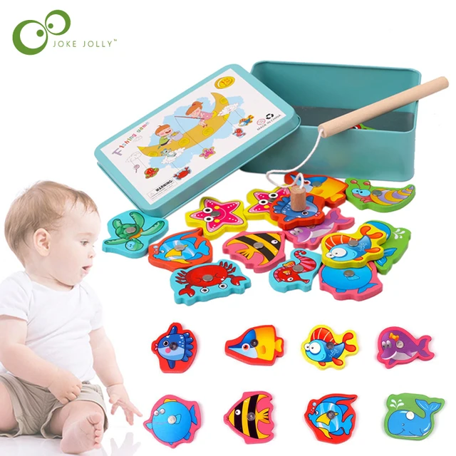 Children Baby Educational Toy Iron Box 15pcs Fishing Wooden Game Set Novelty Toys Cognition Magnetic Toy Set Kids Gifts ZXH 1