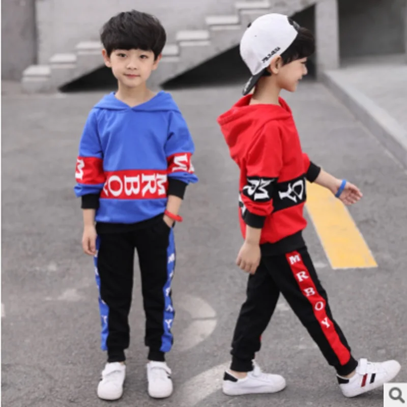 Boys Hoody Sports Clothing Set New Spring and Autumn Children 's 2 Patchwork Colors Sets Kids Clothes Suits Size4-14 ly329