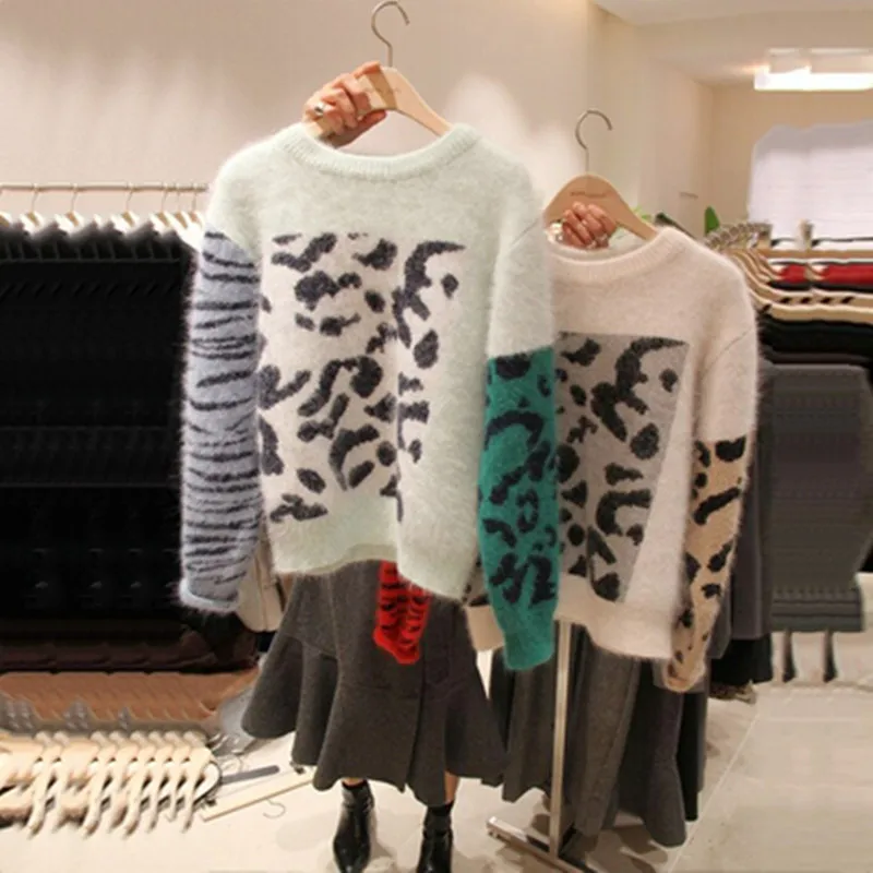 Kmbraeal длинный рукав зимний женский свитер Леопардовый узор оверсайз вязаный пуловер Повседневный o-образный вырез предупреждающий свободный свитер Топы - Цвет: Зеленый