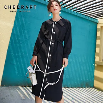 

CHEERART Long Shirt Dress Women Black White Button Up Collared Long Sleeve Midi Shirt Korean Dress Fashion Clothing