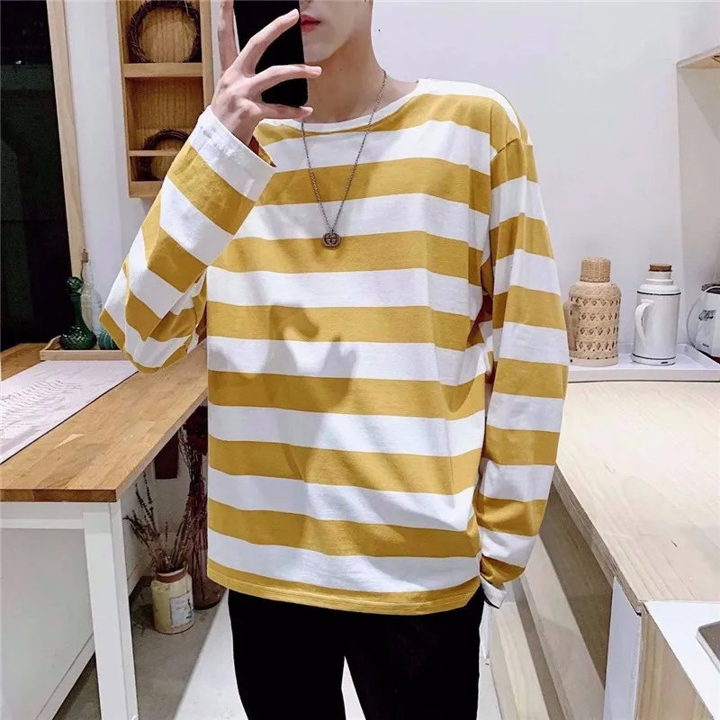 Стильная уличная мужская полосатая футболка лето 2019 Мужская s Harajuku корейская мода Хип Хоп Футболка мужская негабаритная желтая футболка