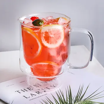 

580ML Double Wall Glass Milk Juice Coffee Mug With Handle Heat Resistant Flower Teacup Creative Cocktail Glass Clear Drinkware