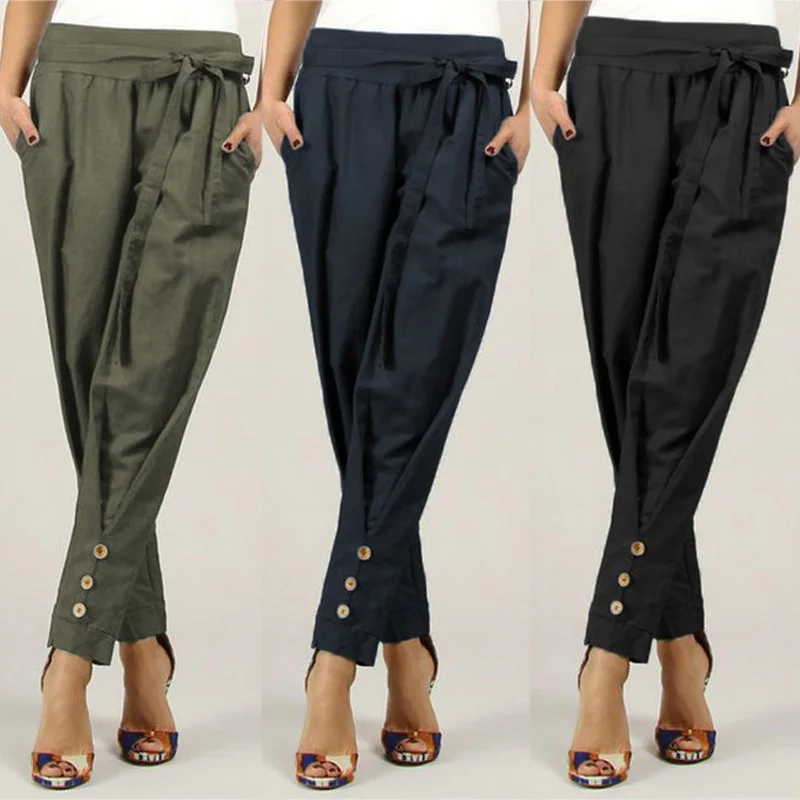 Модные женские брюки ZANZEA с высокой талией, женские повседневные свободные брюки с поясом, офисные женские однотонные брюки