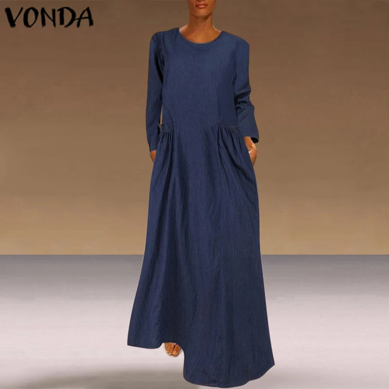 VONDA/осеннее однотонное платье с длинным рукавом размера плюс, богемные вечерние платья макси, повседневное пляжное платье с круглым вырезом, Femme Robe 5XL Vestidos