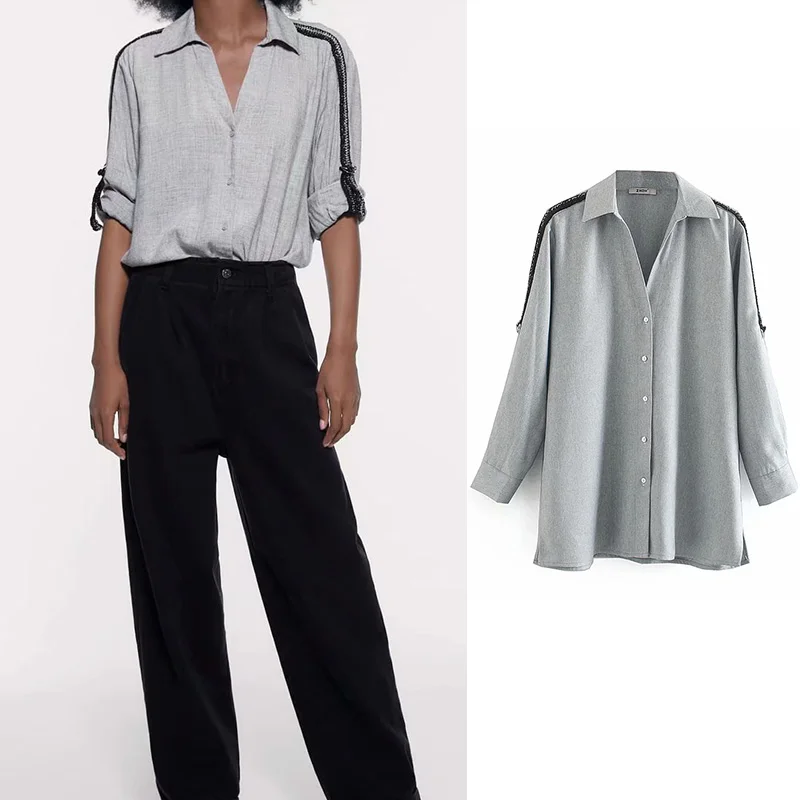 

za linen patchwork v-neck blouse women side split casual office lady ropa mujer grey long sleeve blusas mujer de moda 2019