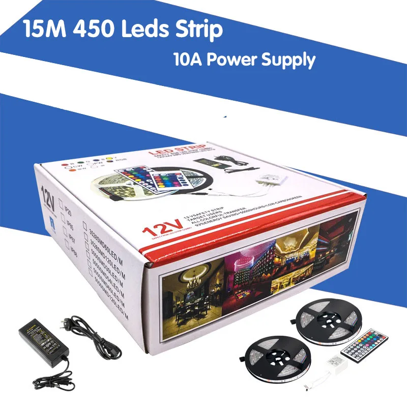 

12v Led Rgb Led Strips 15m 450 Leds Waterproof Smd 5050 24 44 Keys Remote Control Home Garden Industrial Decro Low Price