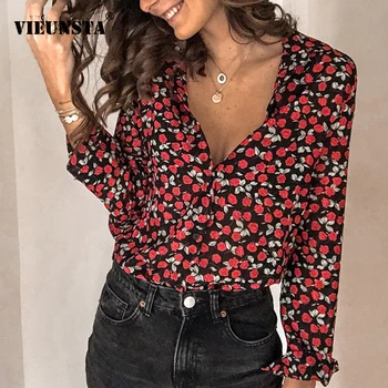 

2020 Spring V-neck Floral Print Vintage Top Plus Size Buttons Ladies Office Shirts Women Long Sleeve Streetwear Blouses Feminina
