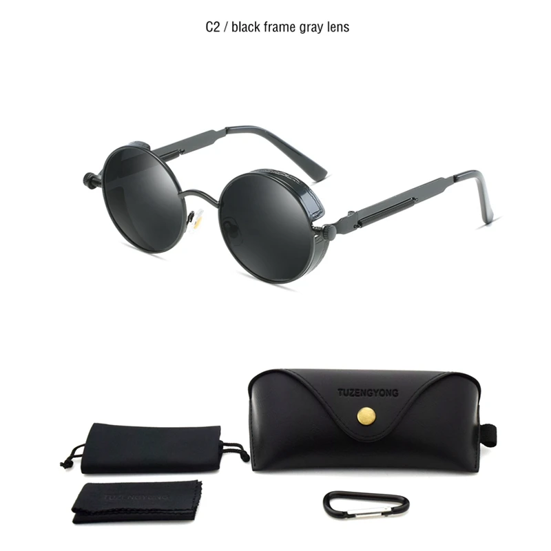 T8028 C2 Black case Винтажные поляризационные солнцезащитные очки, для мужчин и женщин, круглые очки в металлической оправе в стиле стимпанк, дизайнерские очки со степенью защиты UV400 - Цвет линз: T8028 C2 Black case