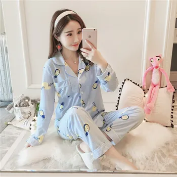 

2020 Korean Version of Pajamas Ladies Spring and Autumn Casual Long Sleeve Set Knit Cotton Cardigan Sweet Cartoon Cute Homewear