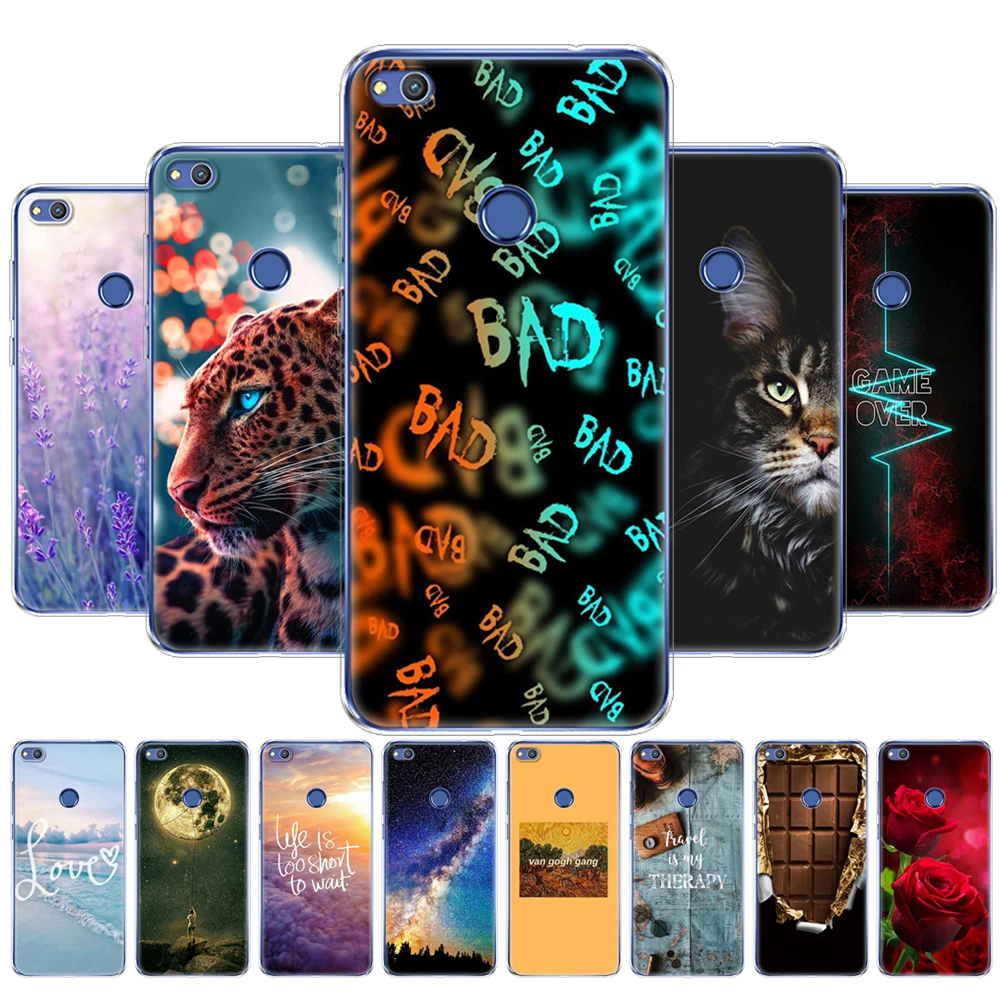 phone case for huawei honor 8 lite soft tpu silicon back cover 360 full protective printing clear coque animal tiger cat | Мобильные
