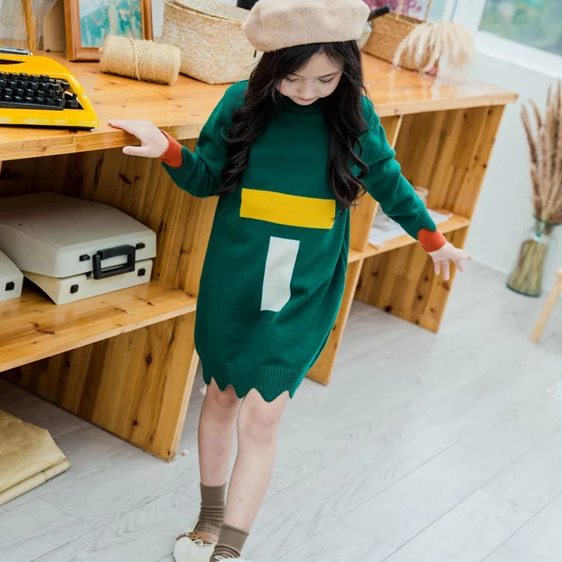 Новое осенне-зимнее платье-свитер для девочек, платье средней длины в стиле пэчворк для маленьких девочек, модное повседневное детское платье для девочек,#8209