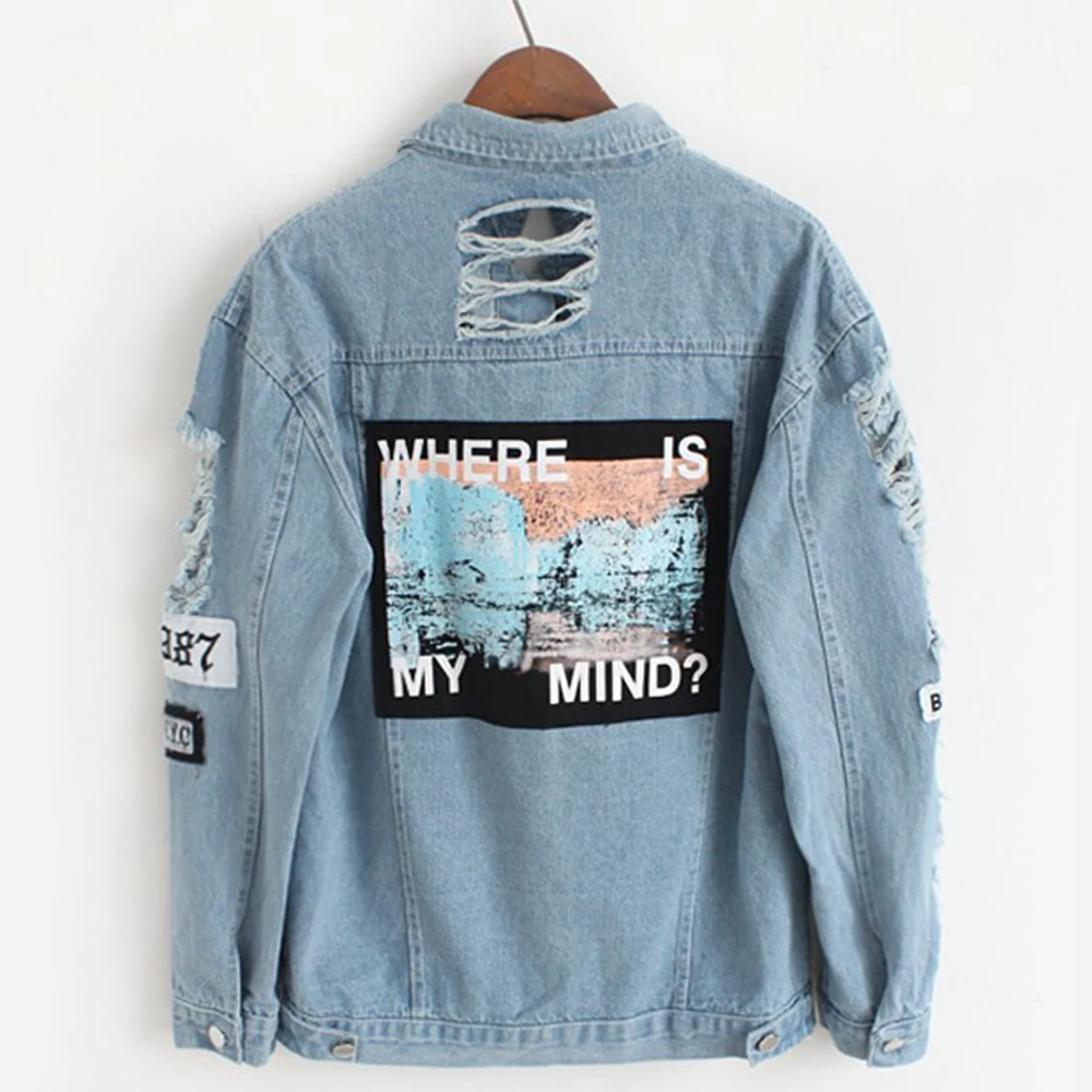 

Frayed Bomber Jacket Where Is My Mind Plus Size Print Woman Jackets Autumn Casual Turn-down Collar Long Sleeve Denim Jacket
