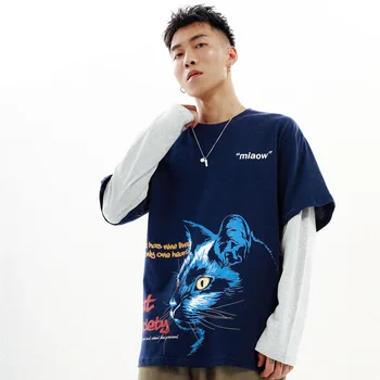 

Autumn new ins super popular cat head print loose fake two-piece sweatshirts men casual long sleeve T shirt couple tide Tee