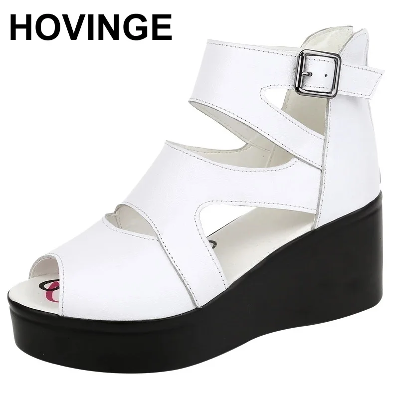 

HOVINGETop Cowhide Fish Mouth Summer Shoes Woman Increased Wedge Sandals 2021 Fashion Leather Sandals Platform High Heel Women