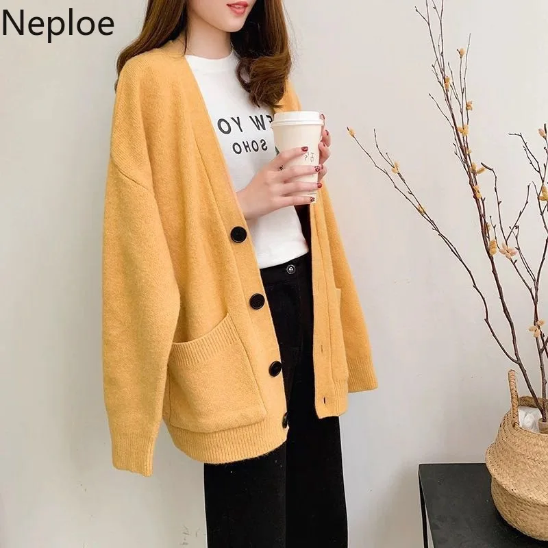 

Neploe Korean Fairy Retro V Neck Knitted Cardigans Preppy Style Loose Wils Button Open Stitch Chi Autumn Winter News 45672