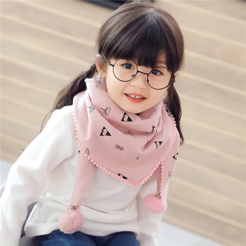 

Print Spring Baby Girls Triangle Scarves Autumn Winter Boys Shawl Children Cotton Pompom Neck Collars Warm Kids Neckerchief