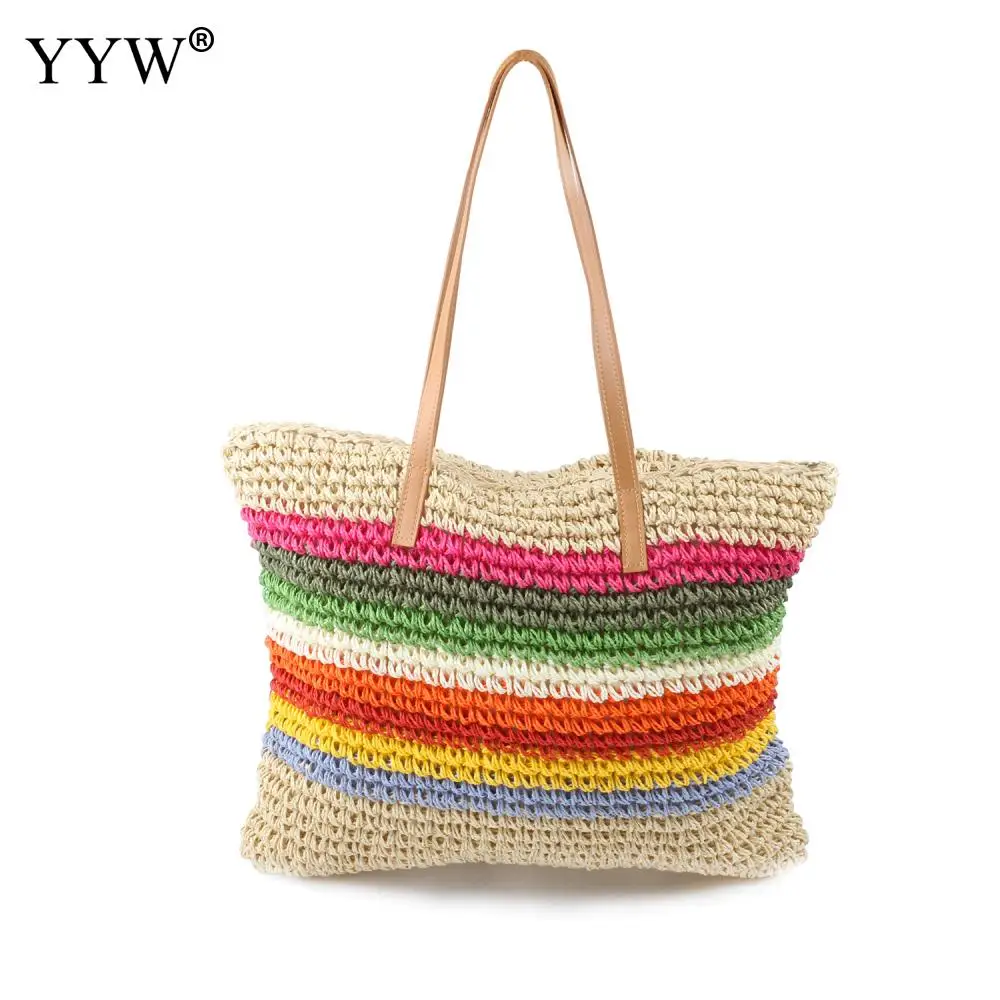 multicolor bohemian style beach handbag large capacity shoulder bags summer shopping tote bag starw handmade weave handbags 2020 photo