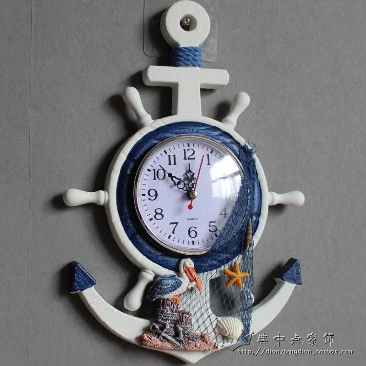 Mediterranean Wood 3d Wall Clock Silent Helmsman Clock Creative Blue White Home Children's Room Horloge Murale Home Decor SC230