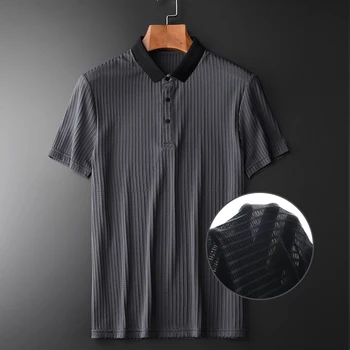 

New Summer Thin Mens T-shirts Luxury Silky Stripe Short Sleeve Ventilate Male T-shirts Slim Fit Casual Man T-shirts 4XL
