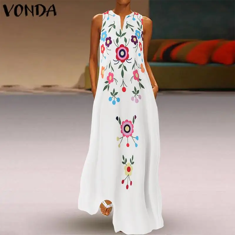 

VONDA Women Maxi Long Dress 2019 Summer Vintage Sleeveless Print Bohemian Dress Plus Size Vestido Robe Femme Sexy Sundress 5XL