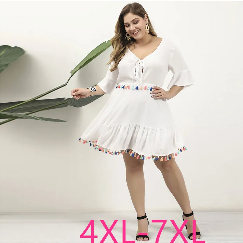 Женское новое летнее платье размера плюс для женщин, большие свободные повседневные плиссированные платья с коротким рукавом и v-образным вырезом, белое 4XL 5XL 6XL 7XL
