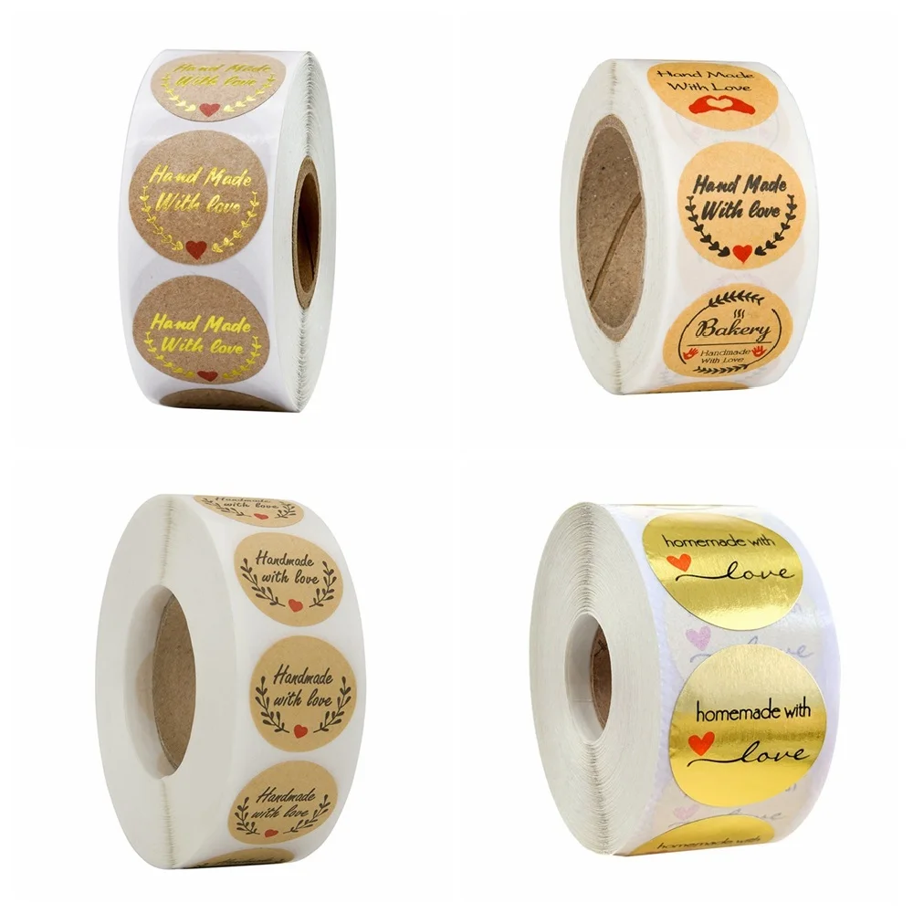 50 Uds. De pegatinas marrones hechas a mano con amor, 25mm, pegatinas de boda para favores de fiesta, decoración, sellos de sobre, pegatinas de papelería