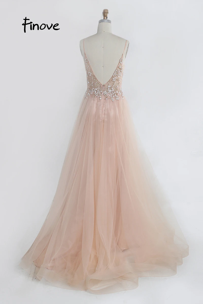 Finove Elegant Prom Dress 2020 Sexy V-neck Illusion Appliques A-line Evening Party Gowns Plus Size