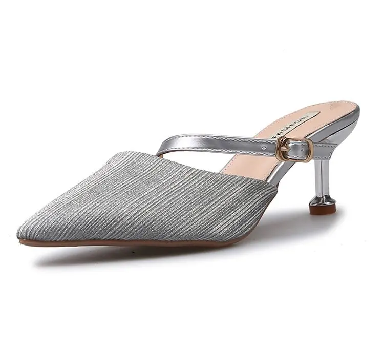 

2019 Summer Women's Slippers Bling Pointed Toe Cover Casual Fashion Med Heels All-match Non-slip 35-39