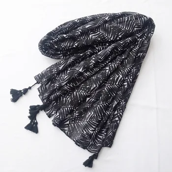 

Guttavalli Fashion Black Leaves Long Tassels Shawl Lady Summer Striped Print Scarf Sunscreen Chevron Seaside Trees Cotton Wrap