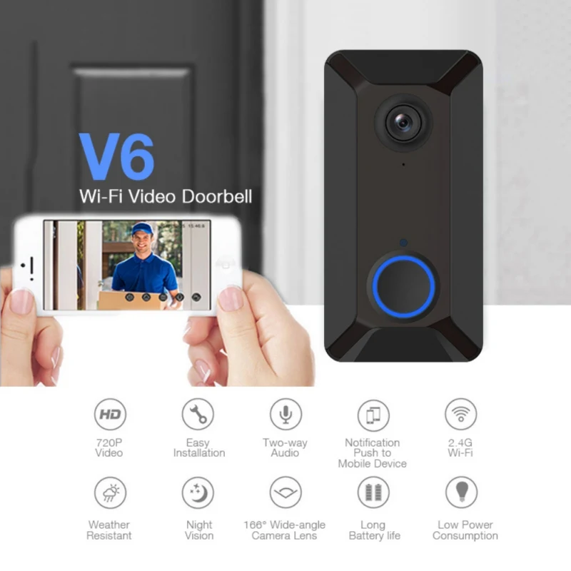 

V6 wifi Doorbell Smart Wireless 720P video camera Cloud storage door bell cam waterproof home security house bell Gray