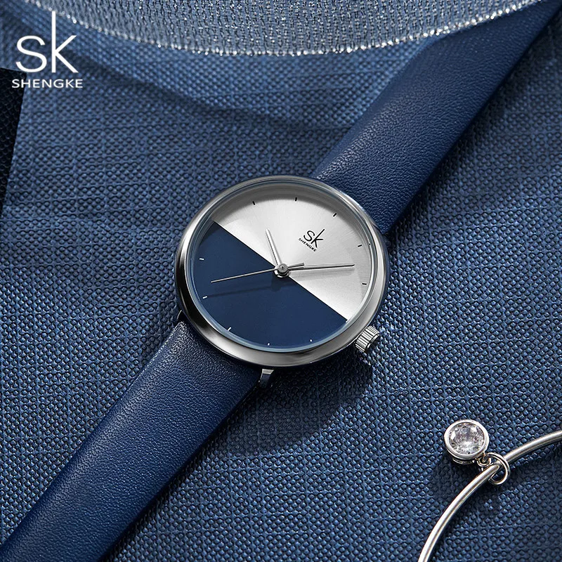 SHENGKE модные часы для влюбленных простой минимализм Синий Серебряный кожаный Пара часы для женщин мужчин Кварцевые водонепроницаемые подарочные часы